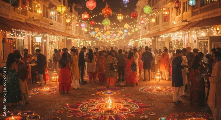 a vibrant street scene at night with crowds celebrating the hindu festival of diwali, surrounded by colorful lanterns and glowing rangoli stock photo